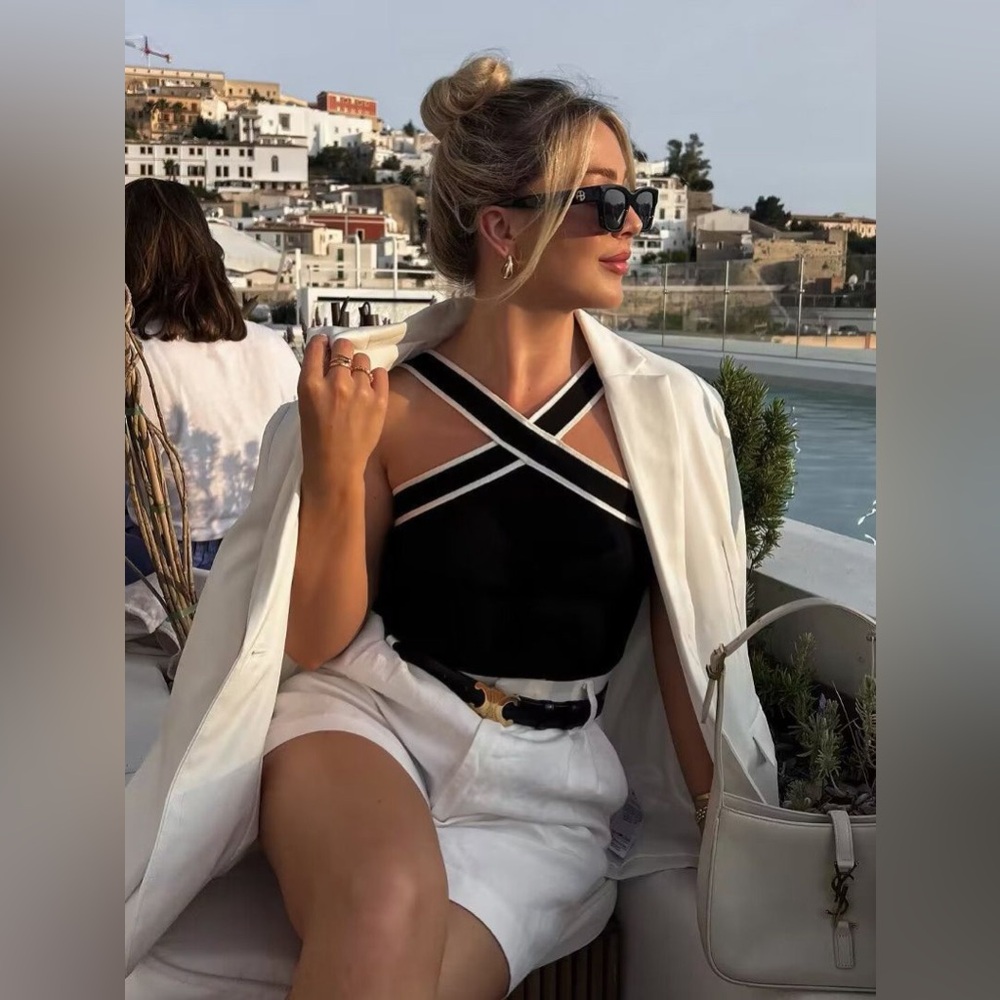 Commense Black Crisscross Halter Tank with White Trim